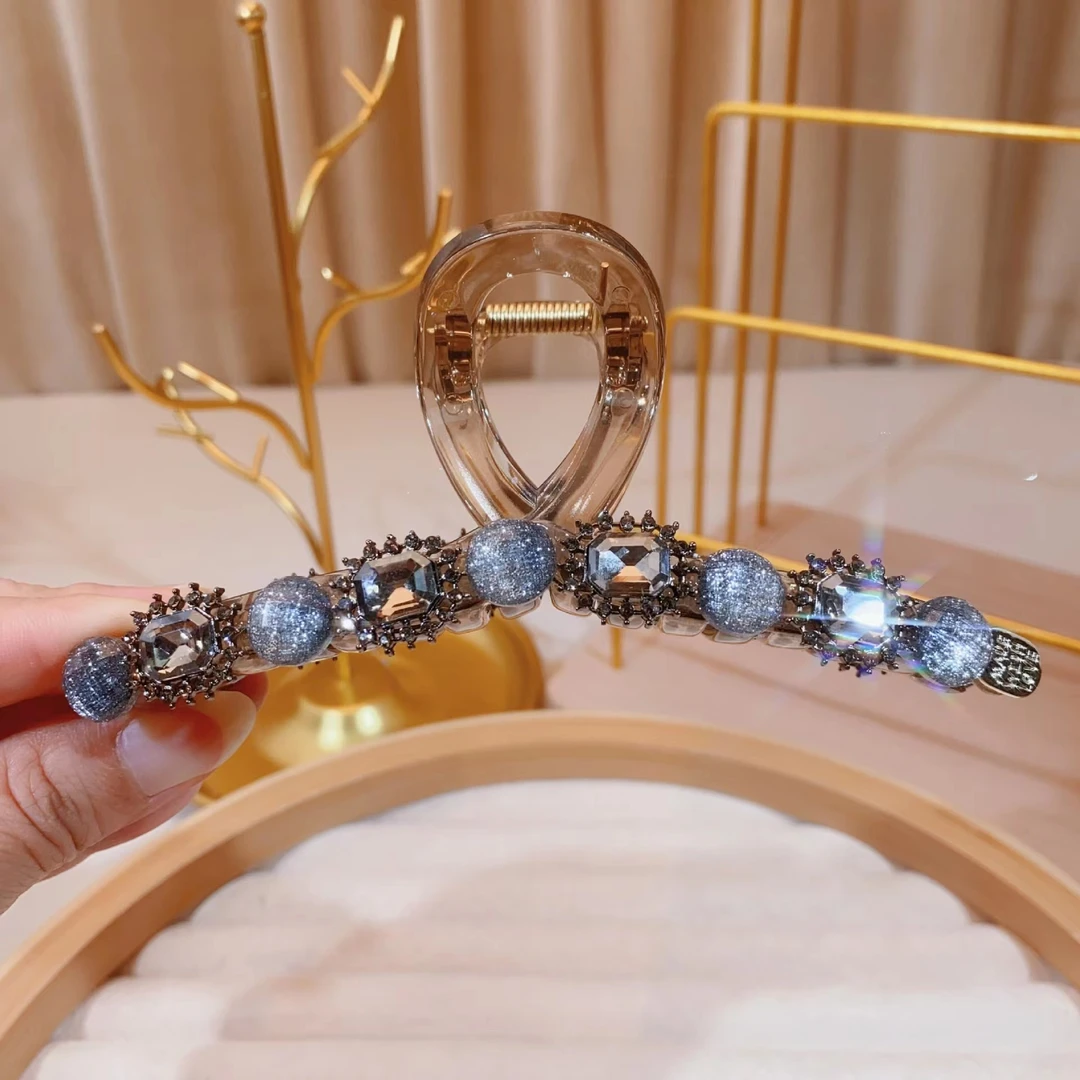 C1044新款轻奢重工冰川星空蓝珠珠大抓夹13cm气质优雅