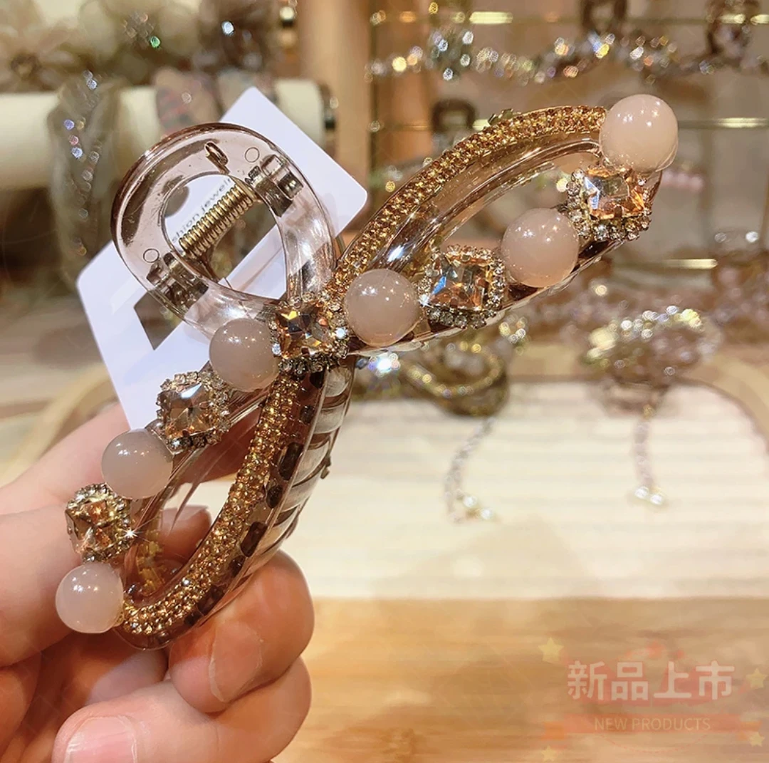 C1079春夏轻奢高级感方糖满钻珠珠交叉抓夹13cm韩版优雅