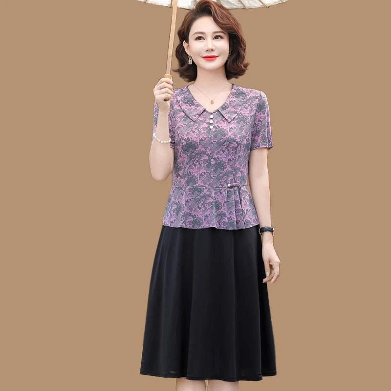 妈妈连衣裙夏季2024新款中老年女士夏装短袖新中式国风假两件裙子