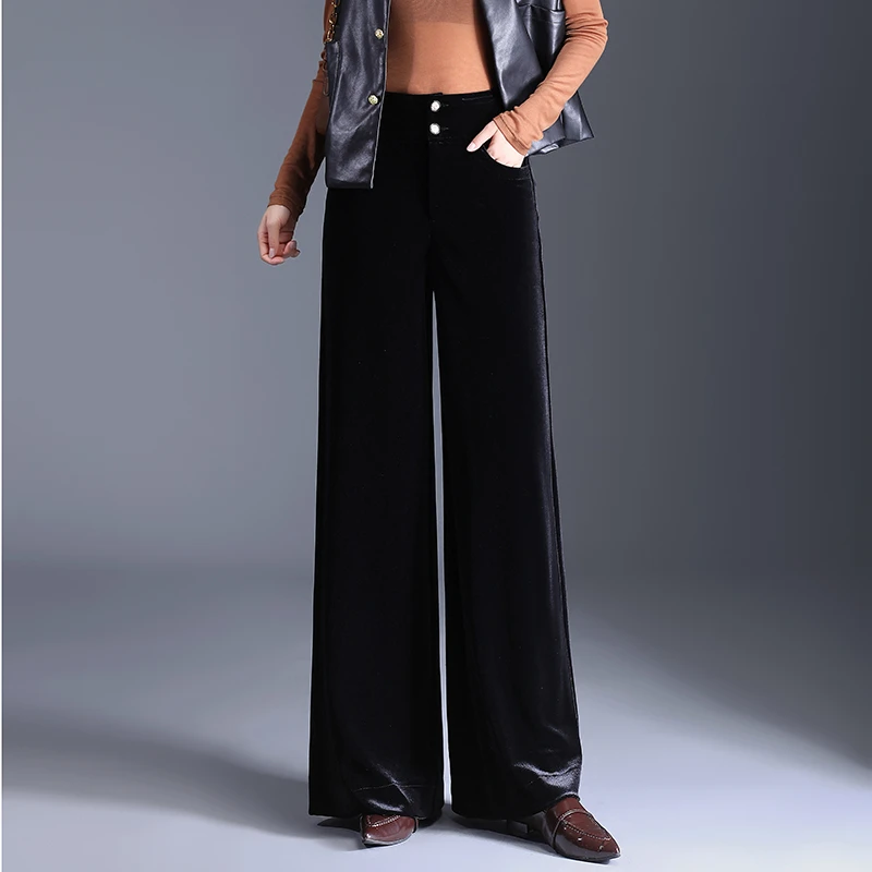 金丝绒阔腿裤女宽松垂感高腰宽腿大脚裤2024春秋新款长裤黑色裤裙