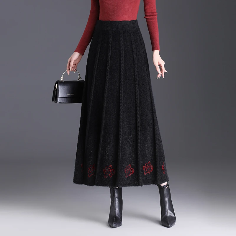 烫钻水貂绒半身裙女秋冬高腰百褶大摆针织裙显瘦大码A字长裙冬裙