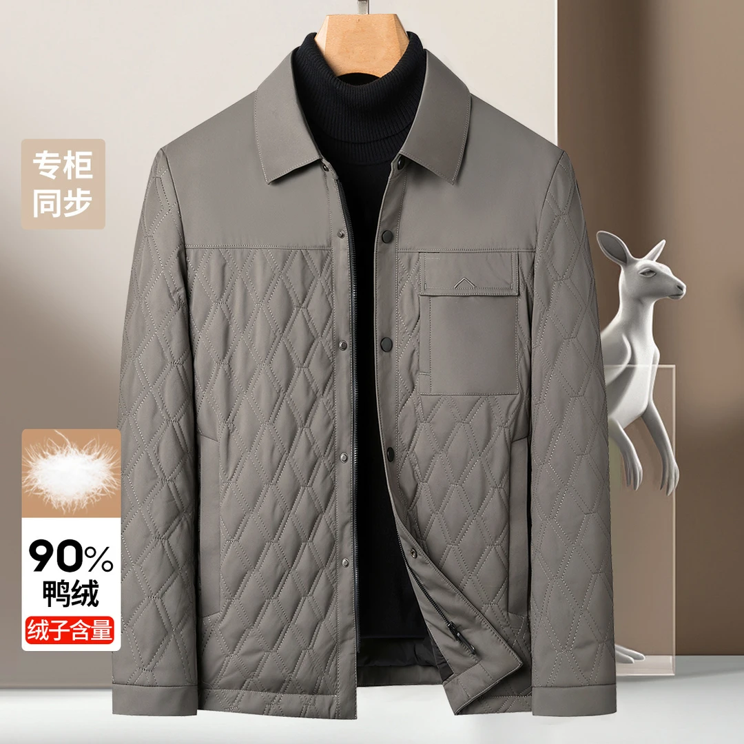 袋鼠白鸭绒羽绒服男士衬衫领秋冬季中年商务休闲保暖轻薄款外套