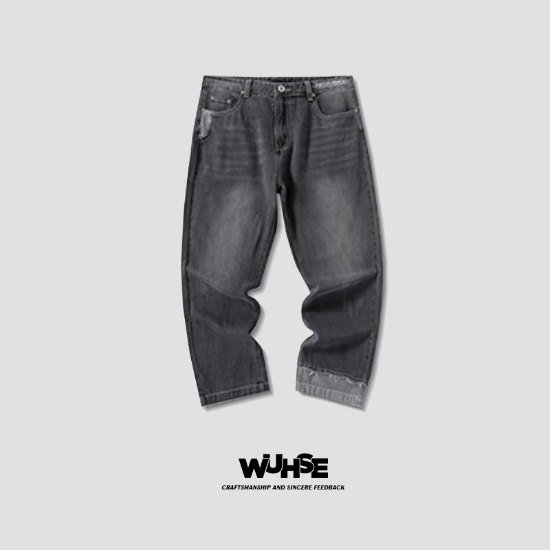 刺绣字母纯色直筒裤青年男女秋季宽松牛仔裤高街堆积感长裤