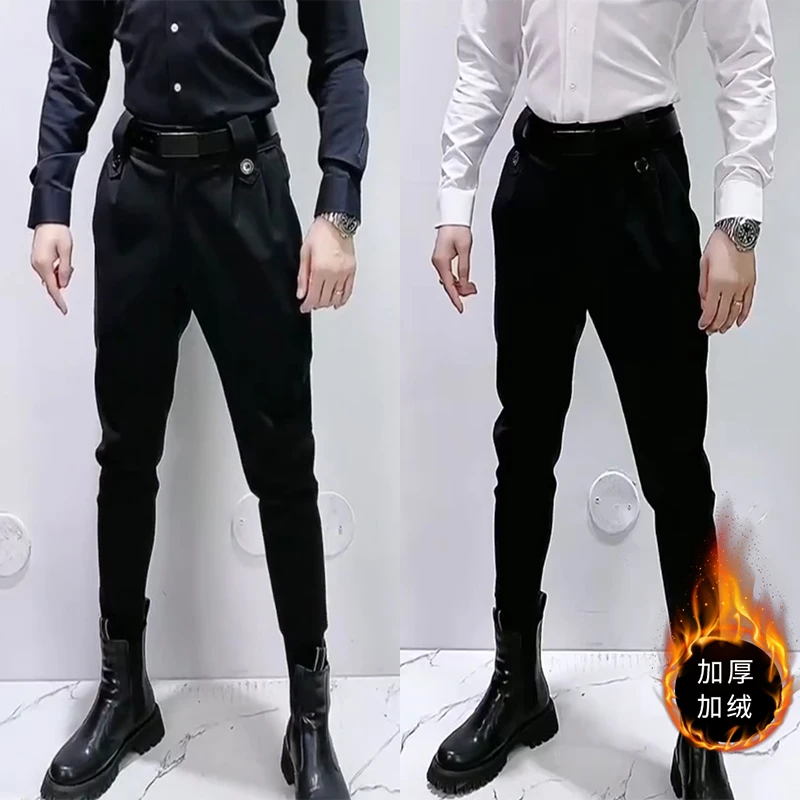 秋冬季男士百搭加绒小脚裤外穿加厚休闲裤束脚马丁靴裤痞帅锥形裤