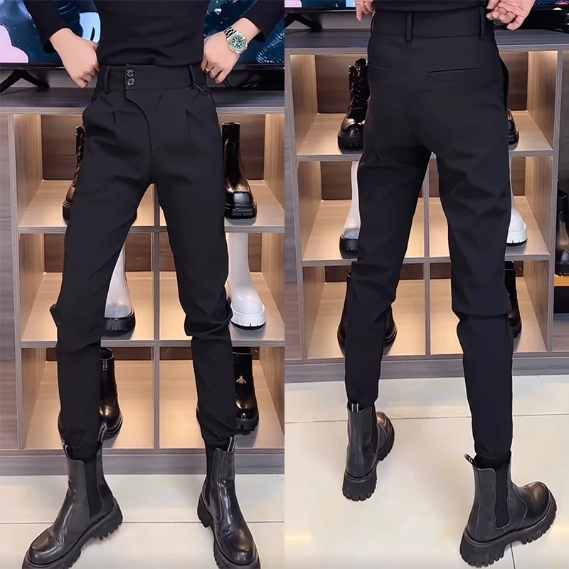 秋季时尚韩版修身束脚裤个性小脚西裤帅气休闲男裤痞帅黑色锥形裤