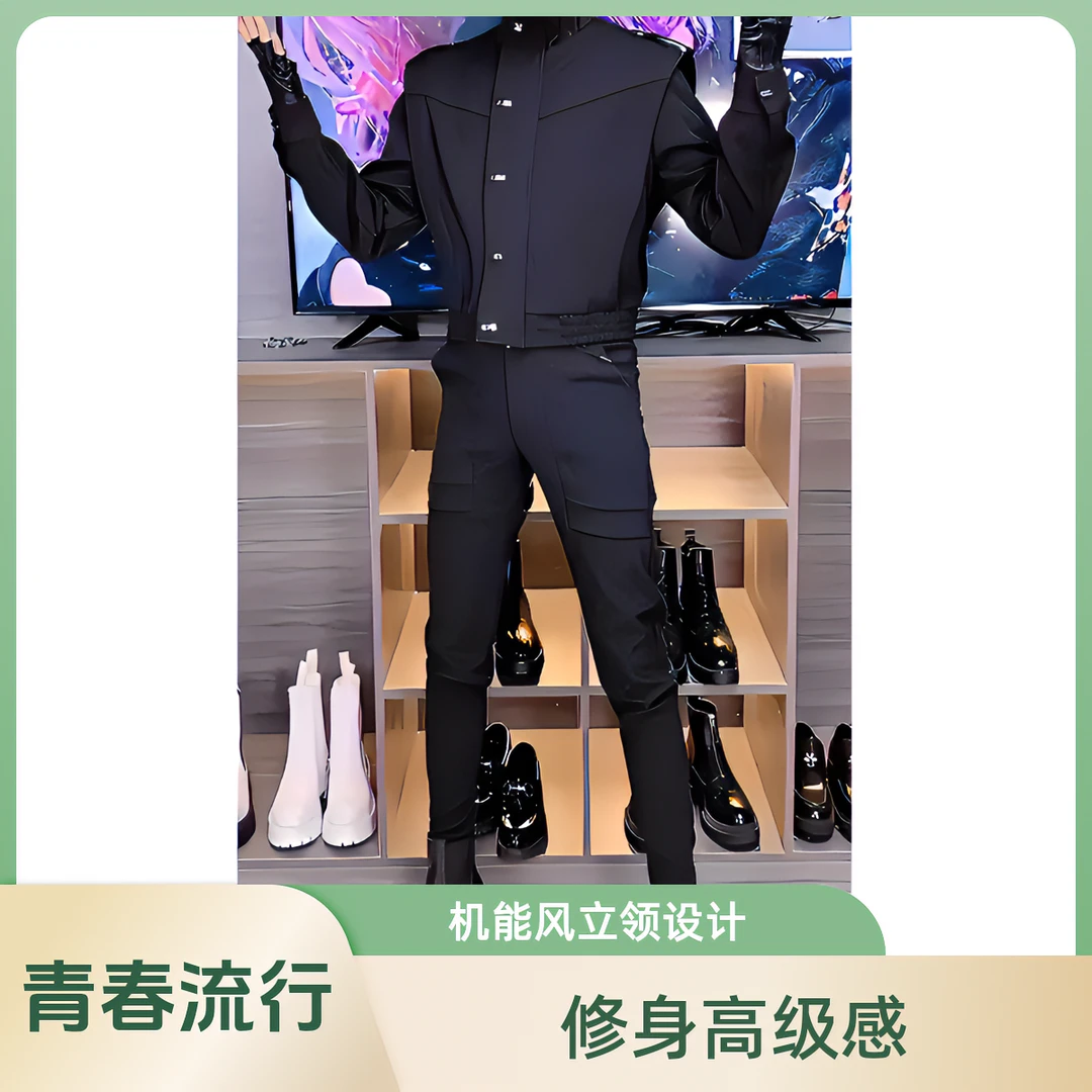 青春痞帅男士机车夹克黑色时尚机能风立领外套修身高级感长袖上衣