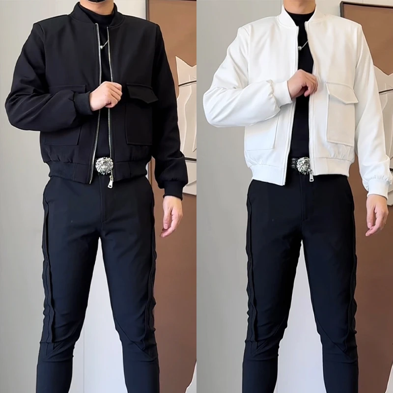 网红同款春季短款夹克外套男女同款棒球服套装无领外穿上衣两件套