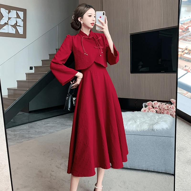 秋冬年会敬酒服新娘结婚礼服红色订婚新中式改良版旗袍连衣裙套装