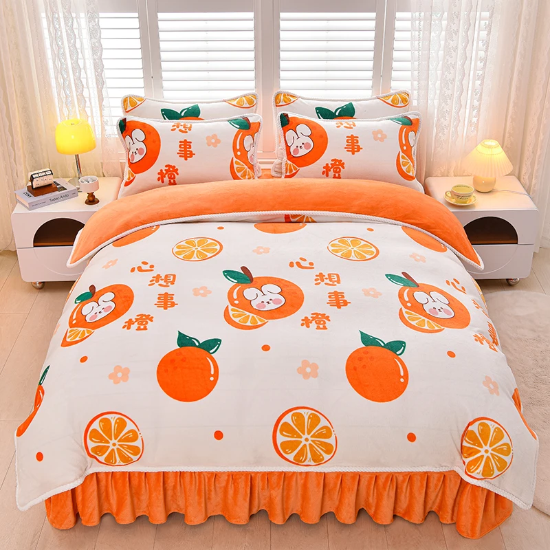 小清新加厚牛奶绒四件套加密防静电家纺床上用品保暖4件套床裙款
