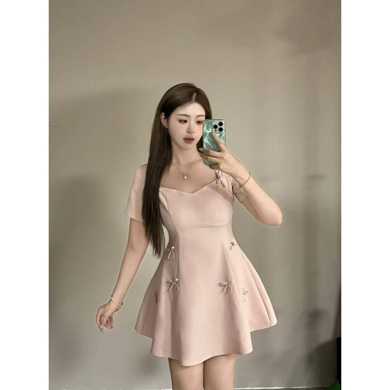 现货-白七七微胖二店【海风薄荷】法式小众蝴蝶结连衣裙 L1095