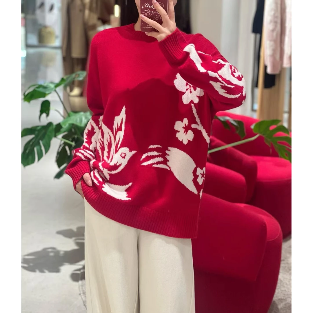 【喜鹊报丰年】2024新品圆领嵌花厚款落肩喜庆针织衫女红毛衣.Y7678