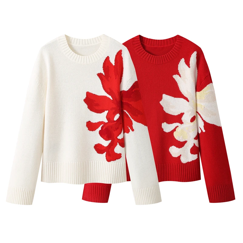 【花开富贵】戚薇同款新中式慵懒风花卉图案毛针织套头毛衣.Y4093