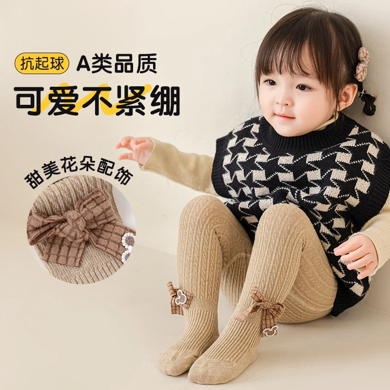 婴童打底裤袜秋季新款女宝宝韩系蝴蝶结双针宽竖条植绒连裤袜棉袜