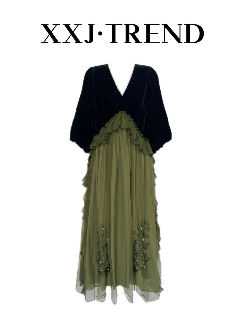 XXJ寻光设计感法式V领拼接钉珠小众显瘦连衣裙（0004）气质