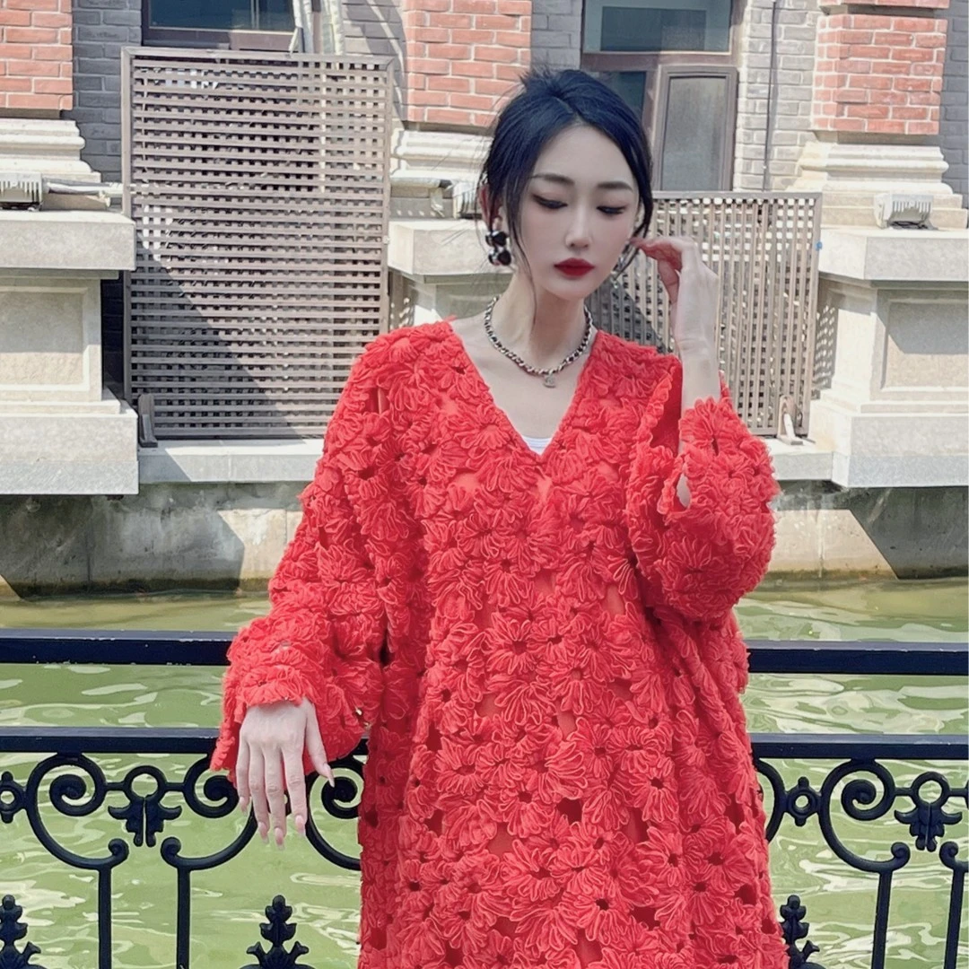 午后 红标经典桔红色显白法式蕾丝盘花喇叭袖气质连衣裙（3777）