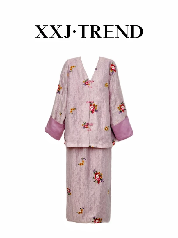 XXJ 同喜 红标刺绣中国风国潮风亚麻刺绣复古高级感女装套装5769）