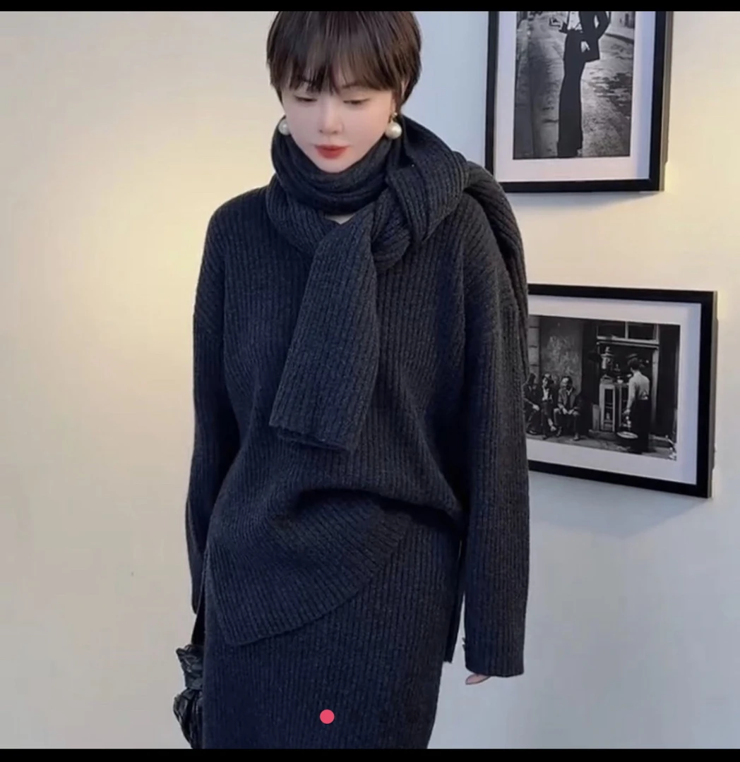 XXJ 慵懒风显瘦针织毛衣半身裙围巾套装女秋冬新款（6771）