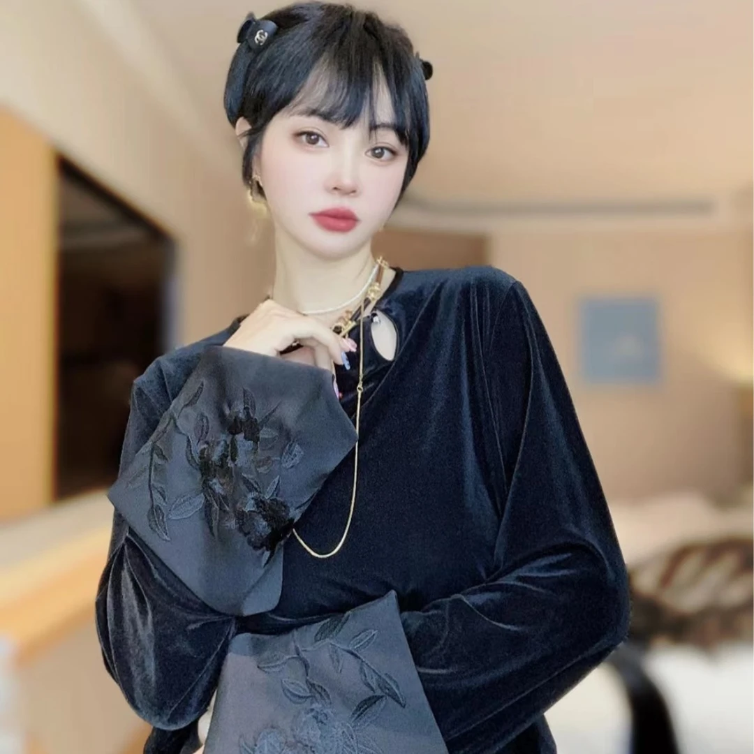 XXJ【华秀&醋酸】秋冬爆款新中式提花气质轻奢拼接长袖打底衫-5261