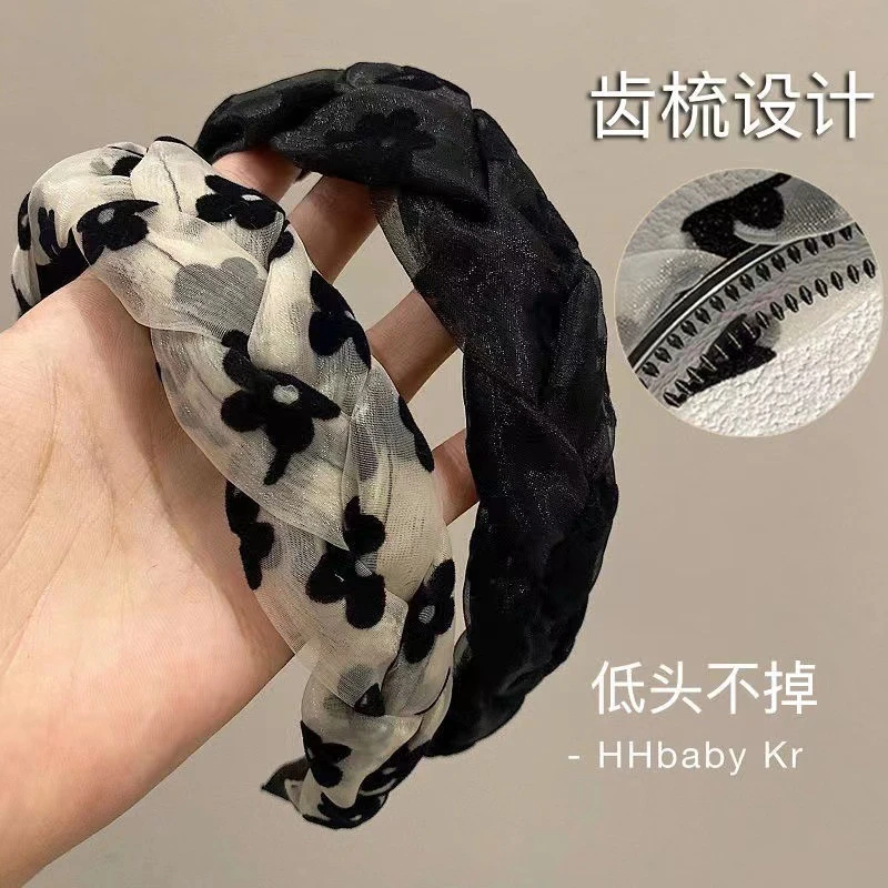 防滑带齿麻花辫发箍女高级感压发百搭外出欧根纱法式头箍低头不掉