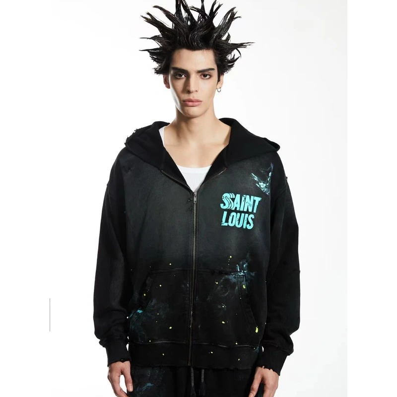 手工做脏旧破坏logo款拉链帽衫