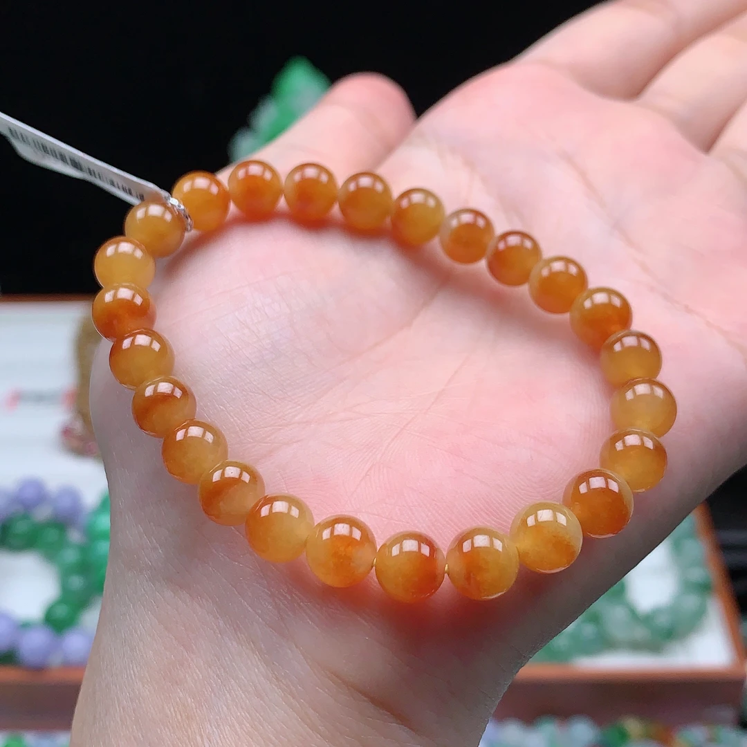 天然A货翡翠，冰种红翡珠子手链 尺寸7mm0813时尚百搭黄色单圈精美