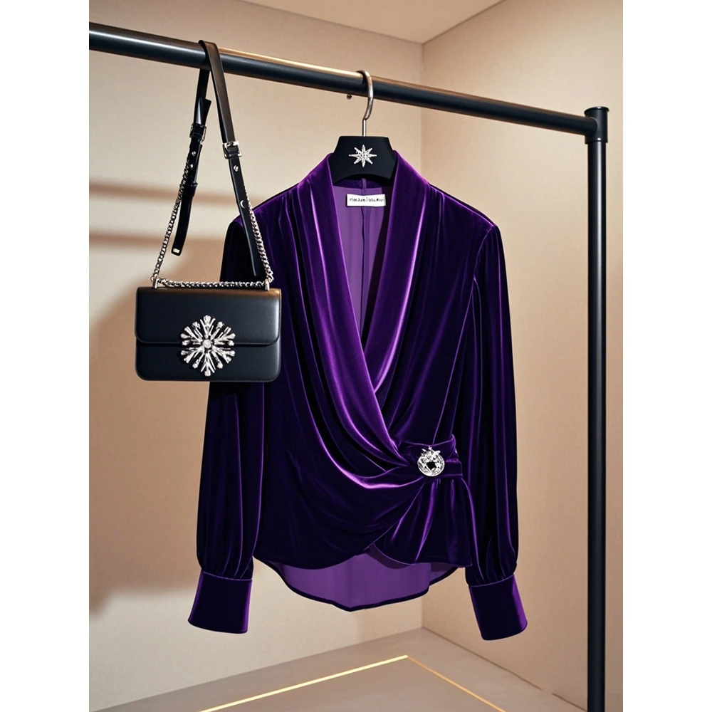 早秋新款法式高级感简约上衣宽松显瘦高端女人味气质丝绒时尚衬衫