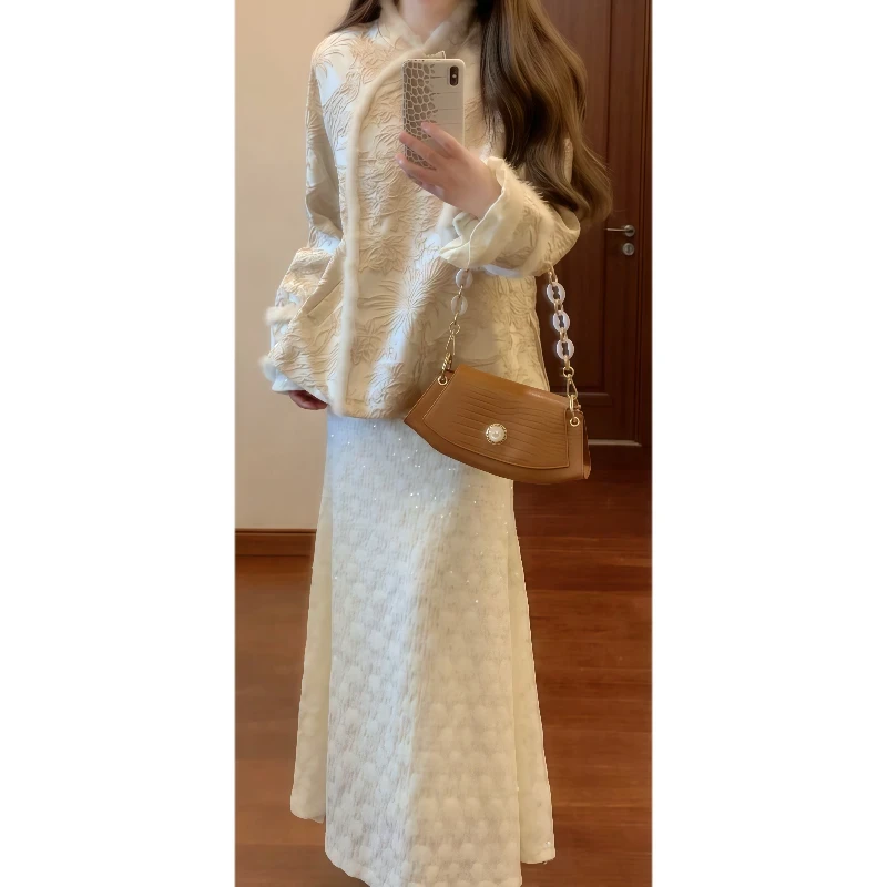 冬季新中式国风提花夹棉短外套法式温柔加绒亮片蕾丝连衣裙两件套