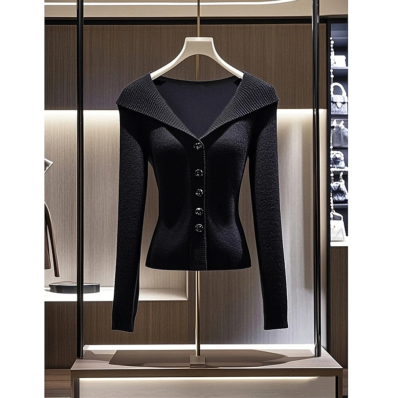 早秋新款慵懒风薄款洋气翻领收腰内搭上衣时尚高级感气质针织衫女