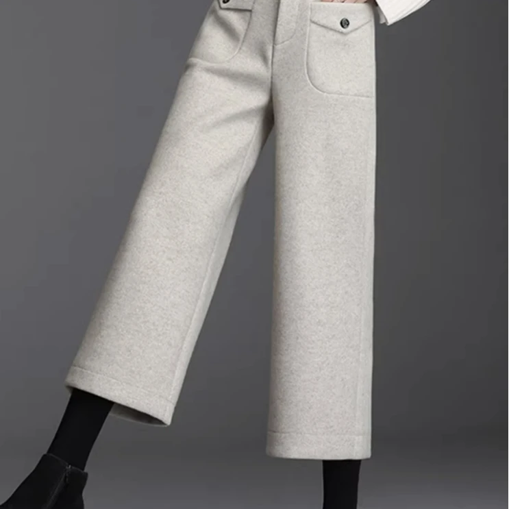 秋冬毛呢七分裤靴裤女宽松爆款阔腿裤加厚高腰垂坠感宽松直筒裤潮