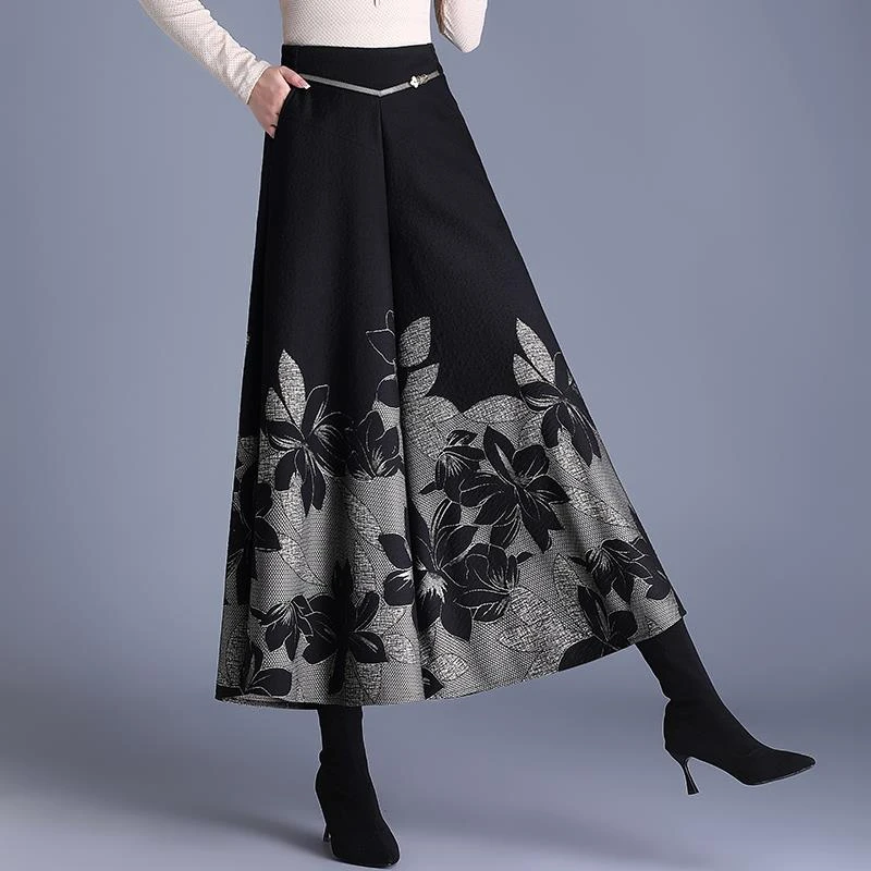 提花毛呢阔腿裤女秋冬新款高腰妈妈裤子时尚宽松显瘦九分大脚裙裤