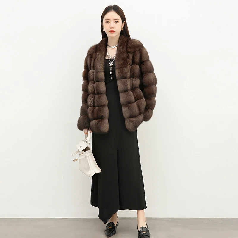 俄罗斯紫貂农夫黑金满天星V领横排短款65CM百搭俄罗斯紫貂