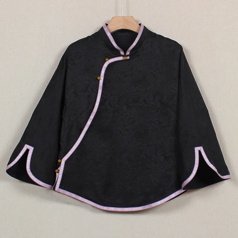 【禅意】复古香云纱桑蚕丝中式斜襟提花宽松喇叭袖口短款民族风上衣