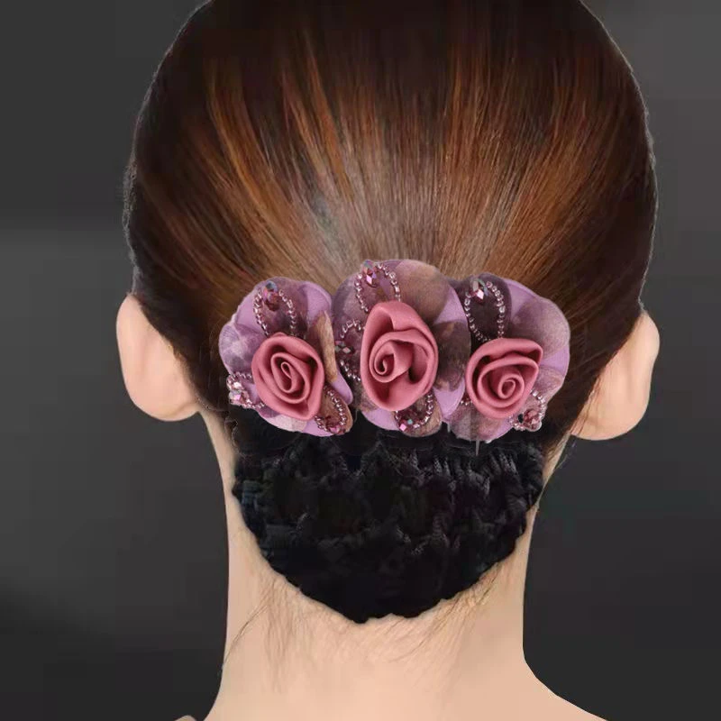 玫瑰绢花气质发网头花韩式工作盘头发夹子后脑勺头饰后脑勺抓夹