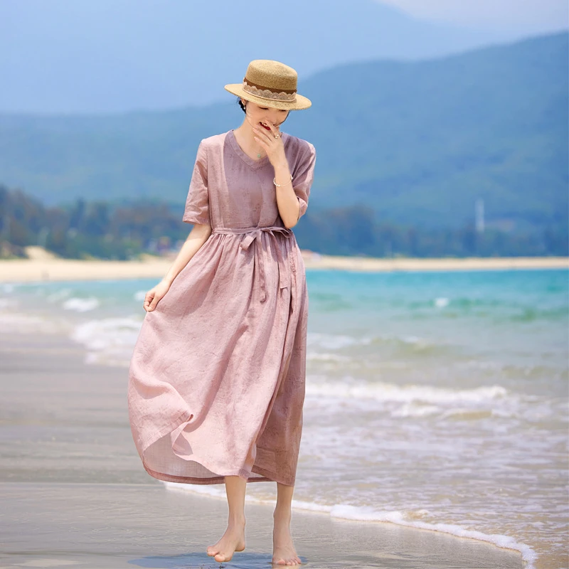 棉麻女装经典款苎麻连衣裙女改良夏短袖文艺复古长裙休闲大摆长裙