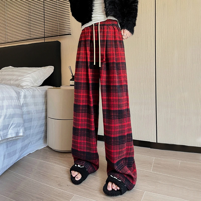 【潮流百搭】美式复古秋冬格子裤女磨毛直筒显瘦宽松百搭休闲长裤