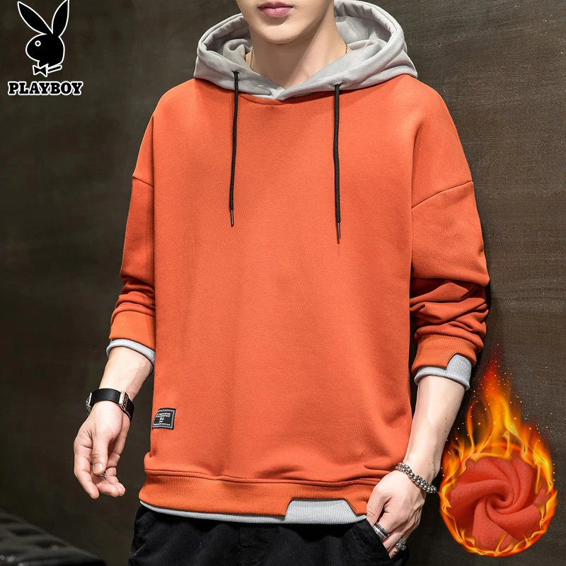 PLAYBOY男装卫衣连帽加绒加厚潮牌秋冬季上衣宽松休闲青少年卫衣