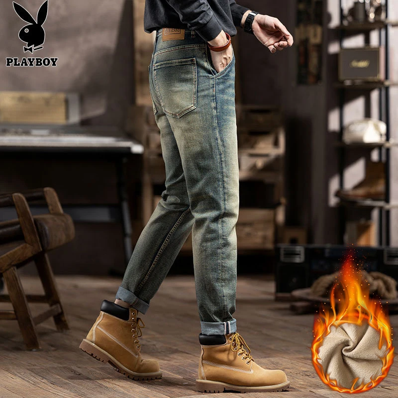 PLAYBOY男士牛仔裤复古做旧修身小脚秋冬潮牌美式高街加绒裤子男