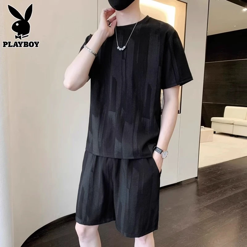 花花公子夏季运动套装男士短袖t恤潮搭配休闲冰丝五分短裤男一套
