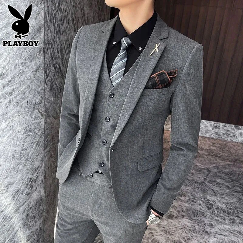 花花公子休闲西服套装男士商务正装三件套秋季新郎礼服西装主持人