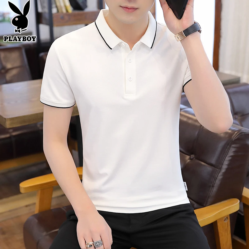 花花公子男士polo衫翻领上衣2025夏季薄款潮流休闲白色短袖t恤男