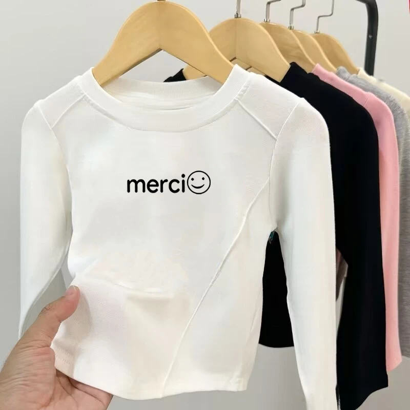 女童长袖T恤2025春秋新款女孩中大童修身宝宝短款洋气简约打底衫