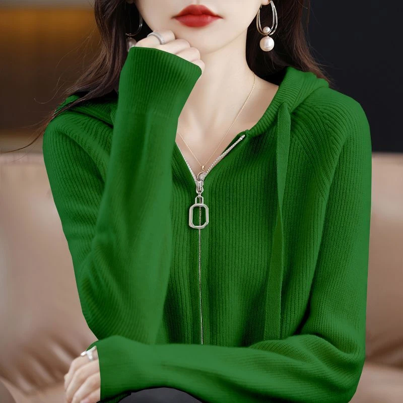 2024秋冬新款加厚拉链针织开衫女保暖时尚连帽外套毛衣女质感显瘦