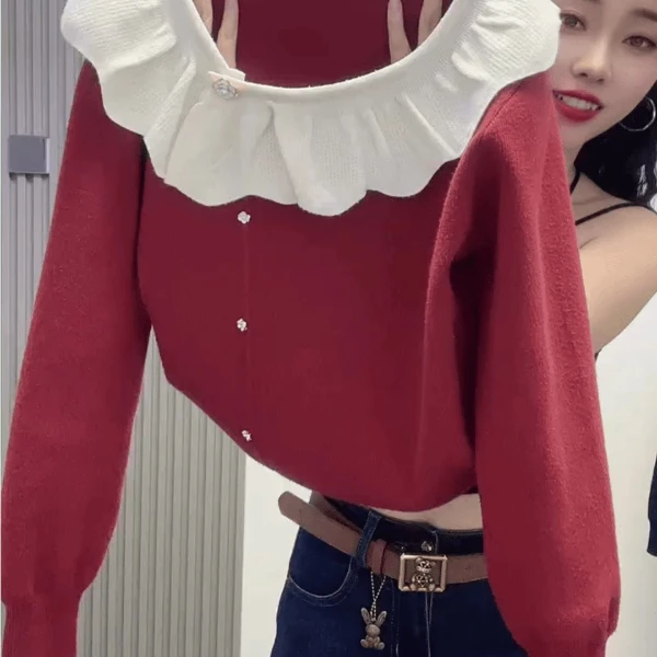 早秋2024新款韩系时尚荷叶边拼接针织衫毛衣女春秋单穿长袖短上衣