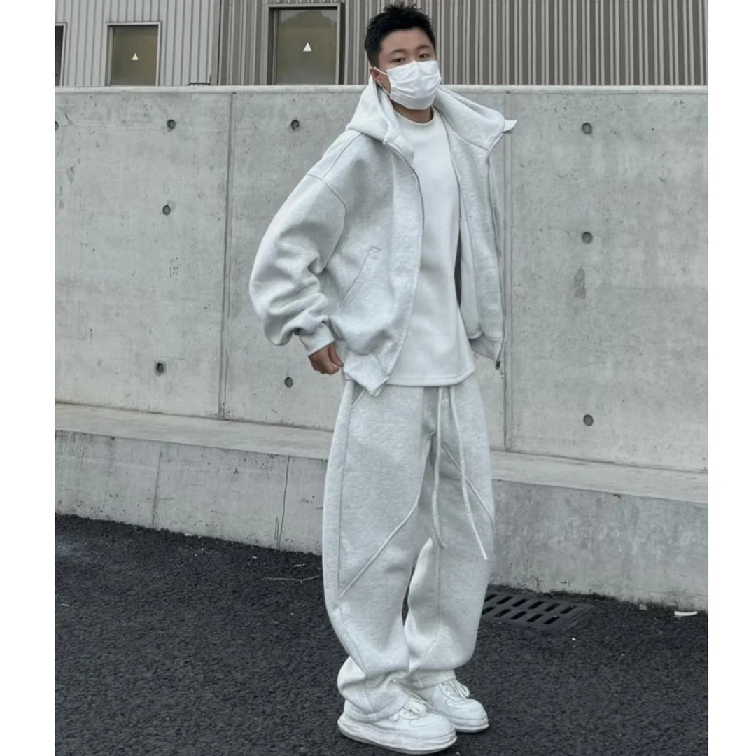 秋冬加绒男士纯色休闲两件套时尚宽松多巴胺韩版卫衣香蕉酷套装