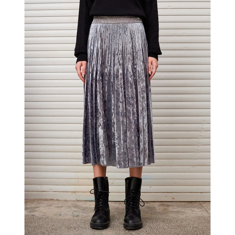 DKNY/唐可娜儿【2024秋冬新款】肌理感丝绒压褶A字女士半裙