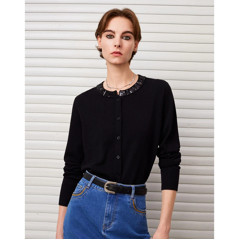 DKNY【亮片设计】柔软圆领长袖女式针织开衫2024秋冬B001