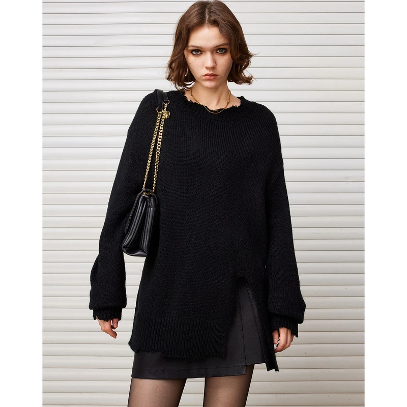 DKNY【废土风】设计感毛边下摆开衩长袖女式针织衫2024秋冬A001