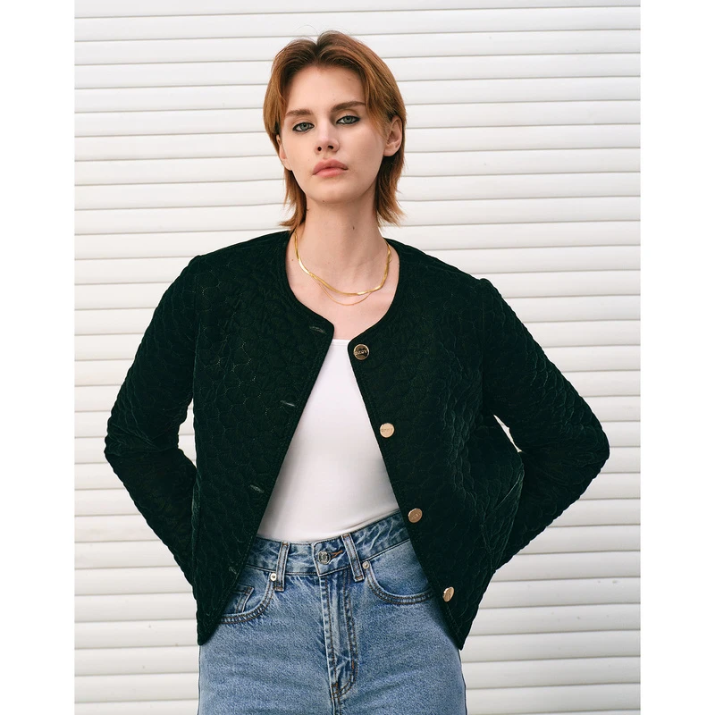 DKNY/唐可娜儿2024秋冬新款菱格丝绒经典小香风圆领夹棉女式外套