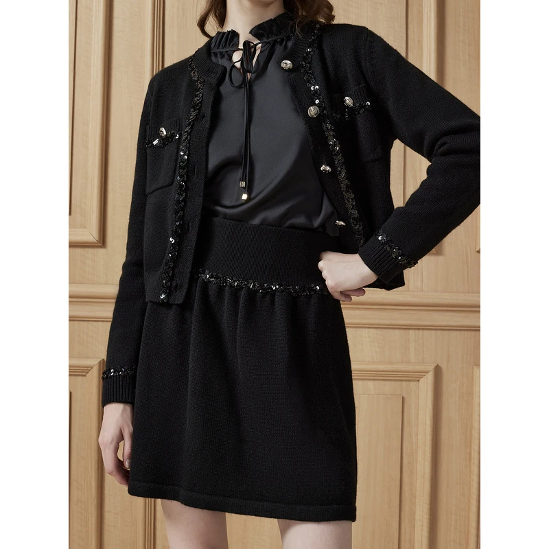 DKNY/唐可娜儿【新品】时尚羊毛混纺亮片织带针织女士半裙