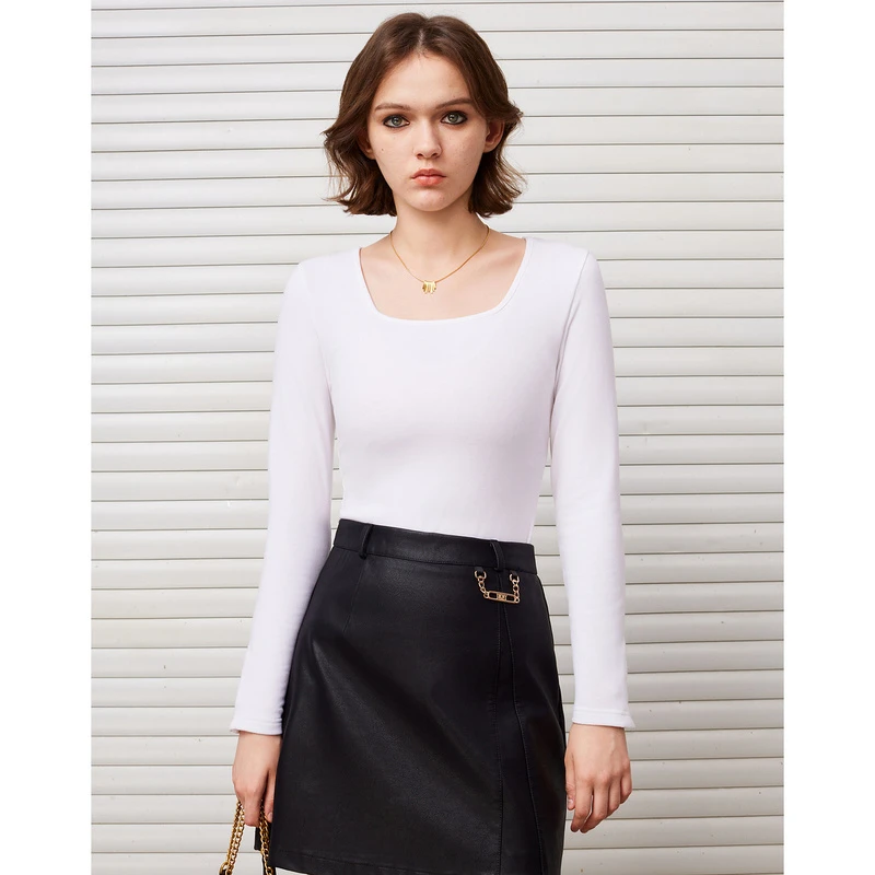 DKNY【显瘦百搭】弧形方领紧身长袖女士T恤B100